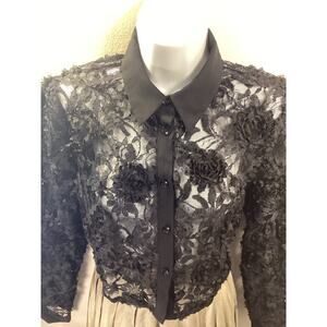 CHOKLATE Paris NWOT Black Lace Semi Sheer Rosettes Crop Shirt Evening Top M Sexy